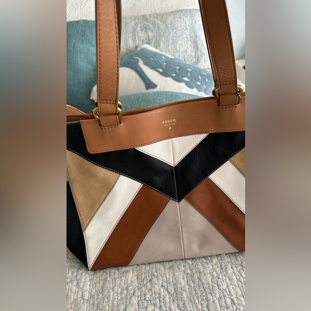 Fossil Amanda Colorblock Leather Shopper Tote Large Shoulder Bag EUC - Picture 4 of 16